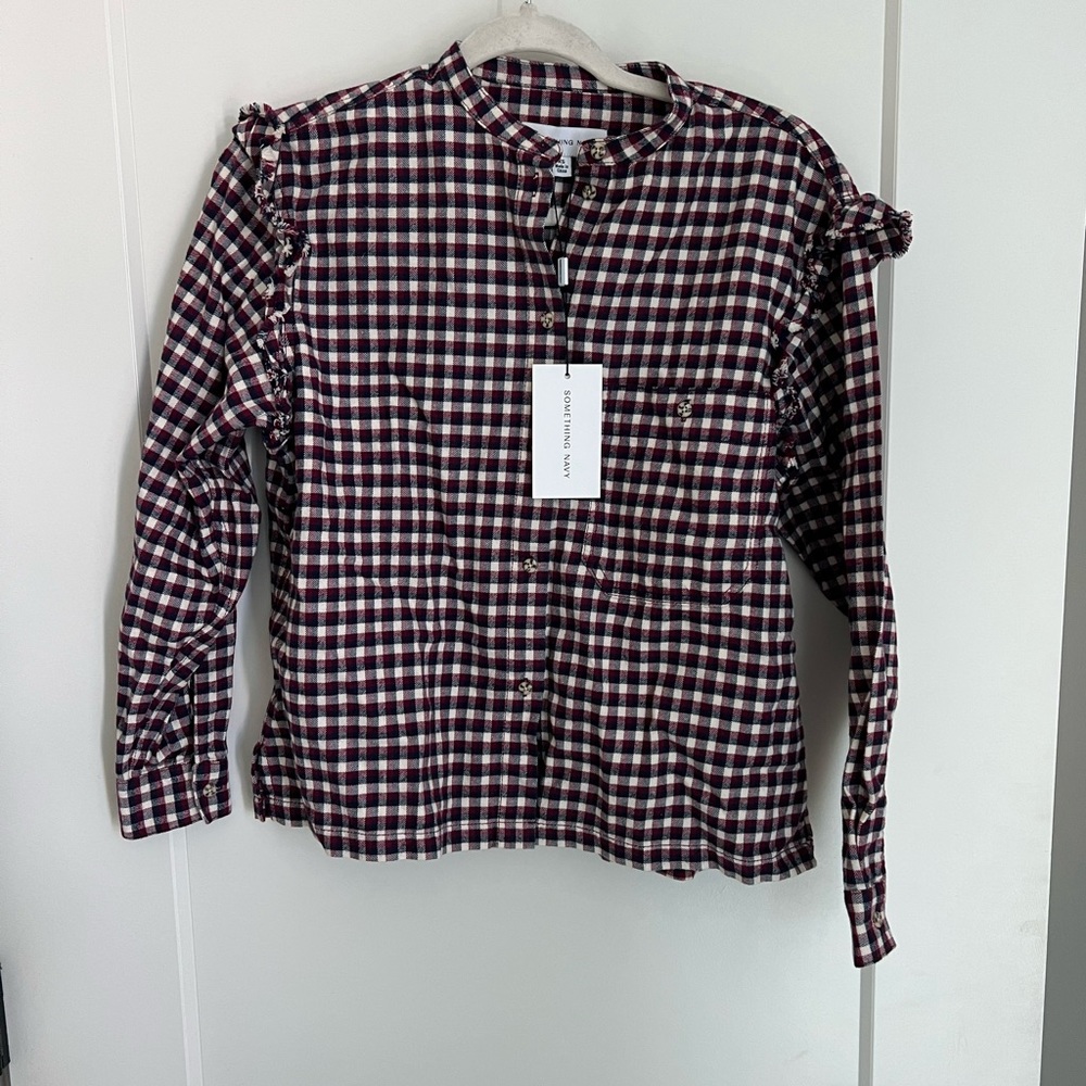 Something Navy Ruffle Sleeve Plaid Button Up